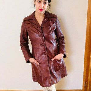Burgundy 1970's Leather Trench Coat